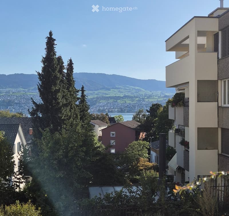 Modern multi-story building with balconies overlooking a scenic lake and mountain landscape.