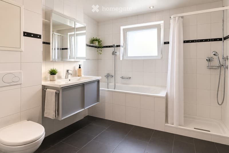 Modern bathroom with white tiles, a bathtub, a toilet, a sink with a mirror, a shower area with a curtain, and small decorative plants on shelves.