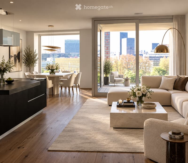 Modern open-plan living and dining area with large windows offering a city view. Features include a cream sectional sofa, coffee table, dining table with chairs, and decorative vases.