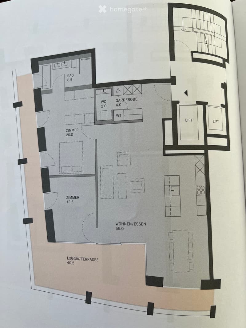 Floor plan showing a living/dining area (55.0), two bedrooms (20.0 and 12.5), bathroom (6.5), WC (2.0), wardrobe (4.0), laundry area (WT), and a loggia/terraces (40.5). Includes two lifts.