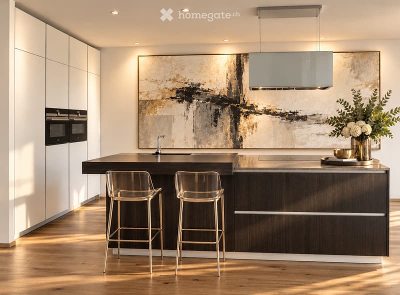 Modern kitchen with dark wooden island, white cabinets, sleek bar stools, and a large abstract painting above the sink.