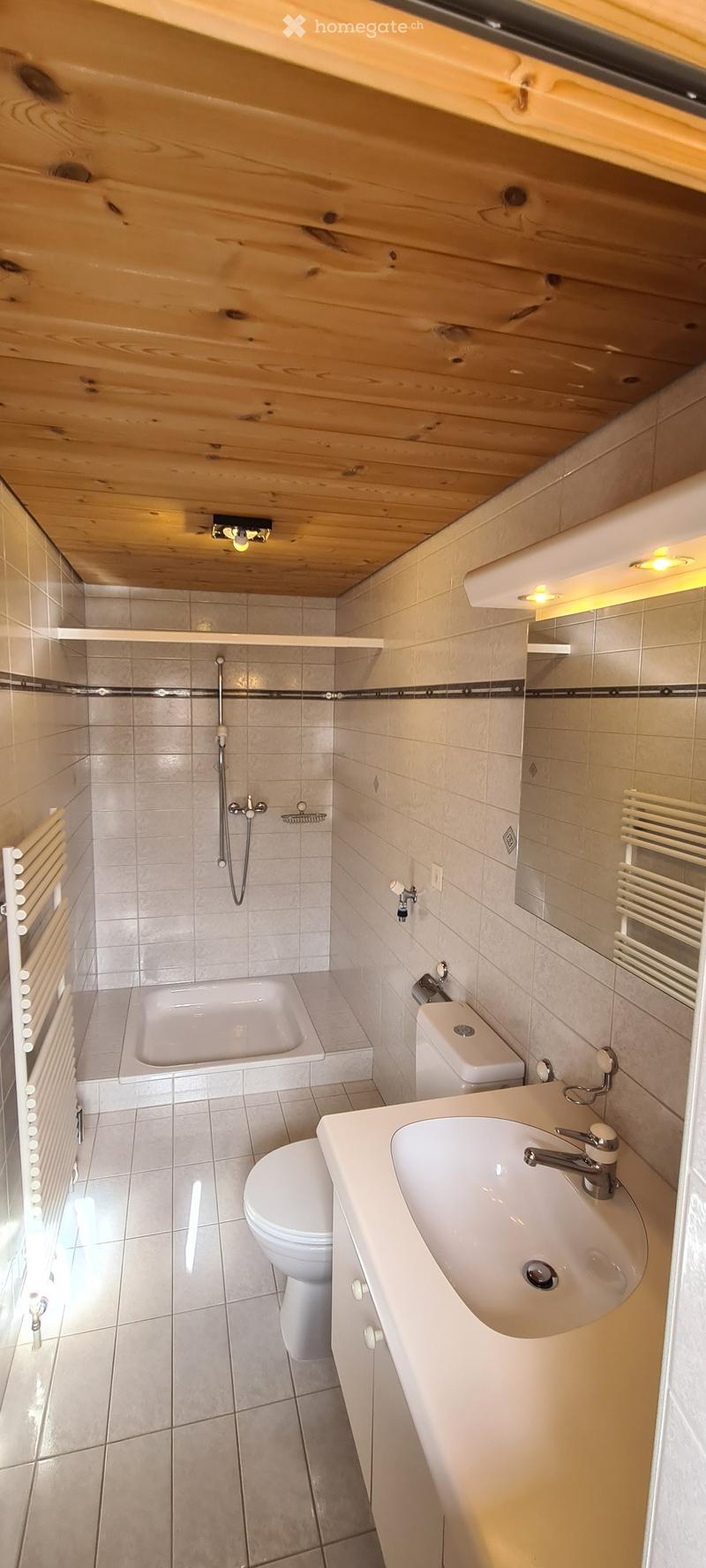 Modern bathroom with wooden ceiling, tiled walls, sink, toilet, shower, and built-in shelves.