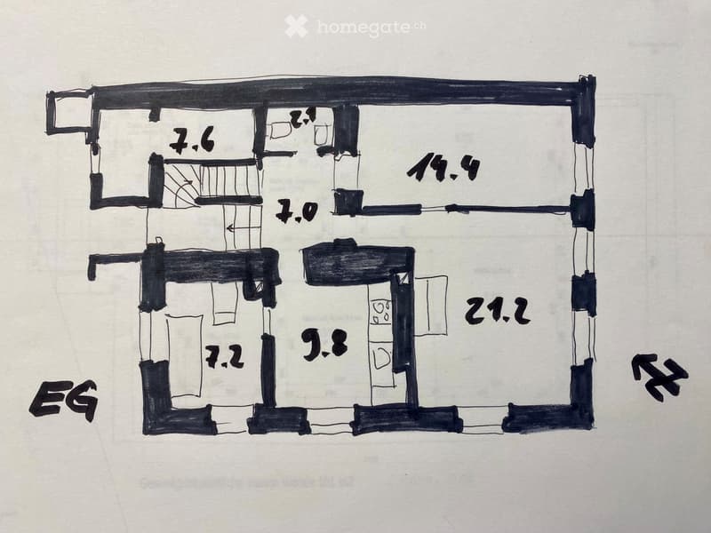 Sketch of a ground floor layout with labeled room dimensions: 7.2, 9.8, 14.4, 21.2, 7.6, 1.0, and1.6 meters.