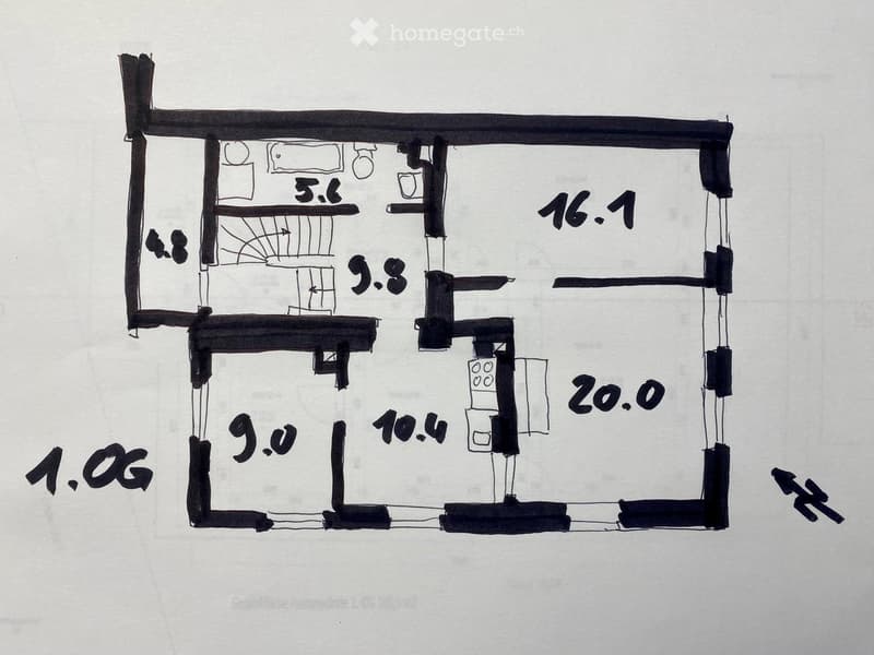 Floor plan showing a layout with labeled dimensions: 1.06, 9.0, 9.8, 5.6, 10.4, 16.1, and 20.0.