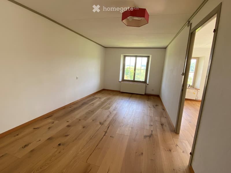 Empty room with wooden flooring, white walls, and a window with a radiator below it. A red ceiling light fixture is visible.