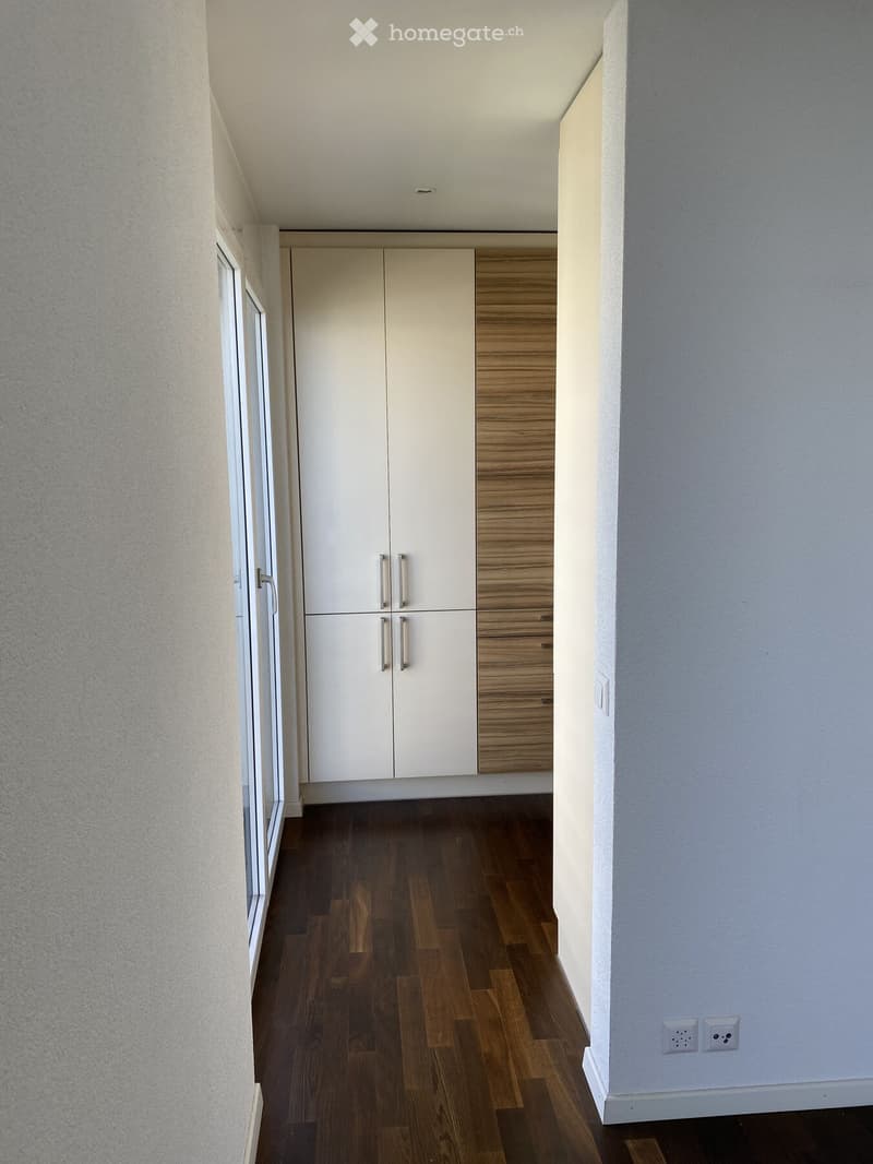 A modern hallway with wooden flooring, white walls, and built-in white cabinets with wooden accents. The hallway features a sleek design with recessed lighting and electrical outlets on the wall.