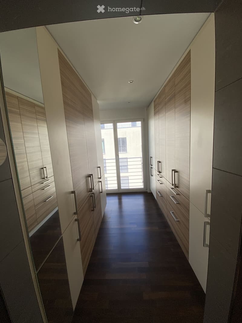 Modern hallway with wooden cabinets, dark flooring, and a glass door leading to a balcony.