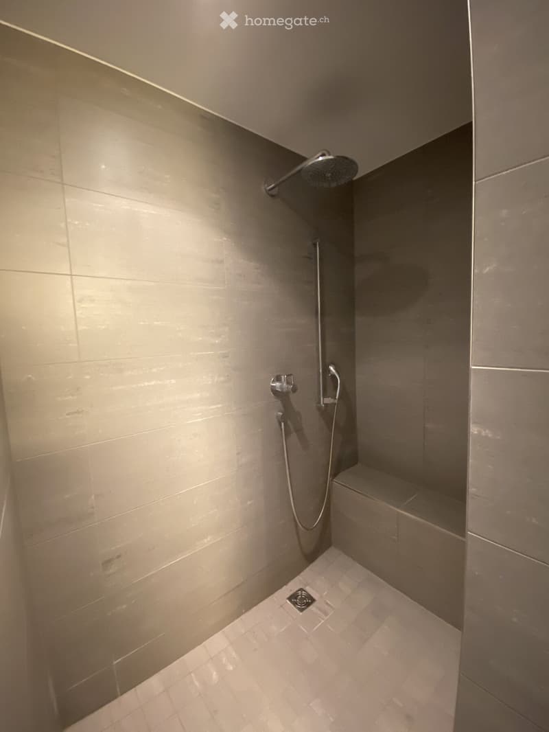 Modern shower area with tiled walls and floor, featuring a handheld showerhead and a fixed showerhead, with a drain in the floor.
