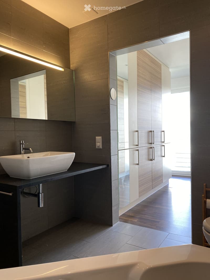 Modern bathroom with dark grey tiles, a white sink, a large mirror, and a bathtub, featuring sleek wooden cabinets and a glass partition.