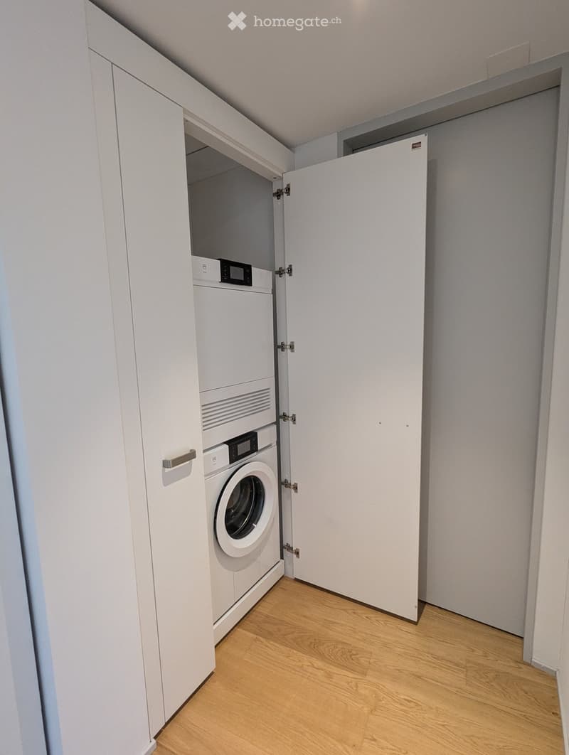 A narrow hallway with light wooden flooring and white walls, featuring a built-in washing machine and dryer unit in a recessed alcove.