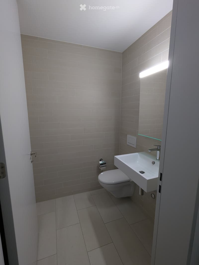 Modern bathroom with grey tiled walls and floor, white toilet, sink, and faucet.