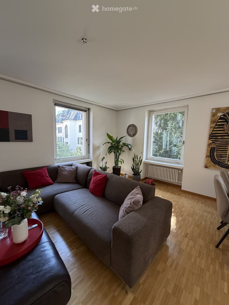 Modern living room with a grey sectional sofa, red and grey throw pillows, a red leather ottoman, a small round table with a flower arrangement, and potted plants near the windows.