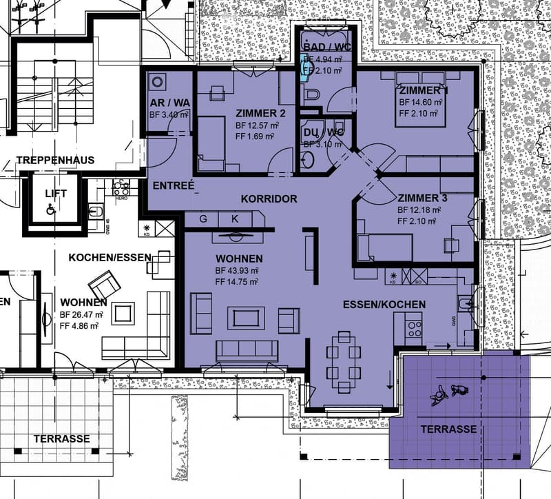 Floor plan of a multi-room apartment with labeled areas including living room, kitchen, bedrooms, bathrooms, and terraces.