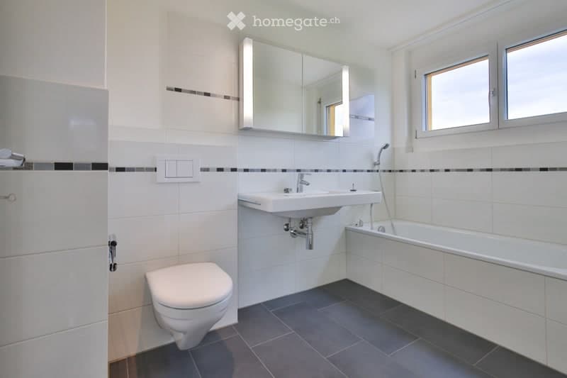 Modern bathroom with white tiles, a toilet, a sink, a bathtub, and a large mirror above the sink. The floor is dark grey tiles, and there are two windows letting in natural light.