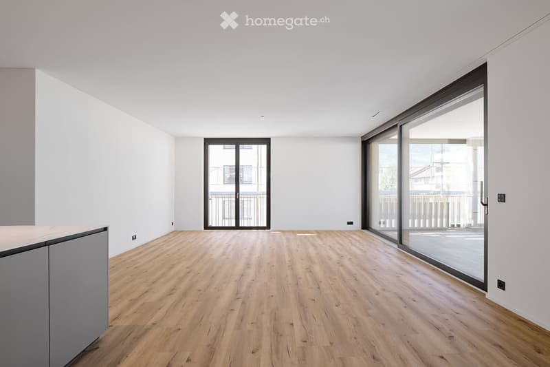 Empty room with light wooden flooring, white walls, and large glass sliding doors leading to a balcony.
