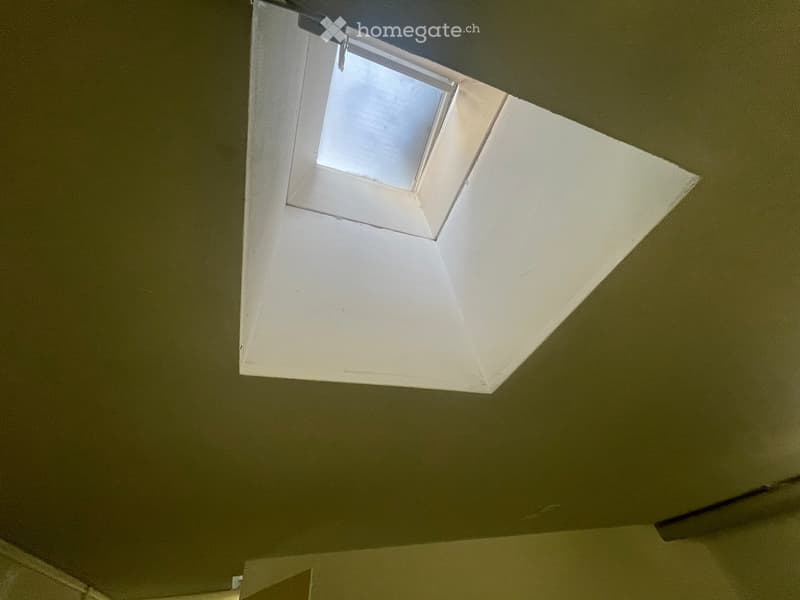 An unfurnished room with a skylight window in the ceiling, providing natural light. The walls are painted a muted green color.