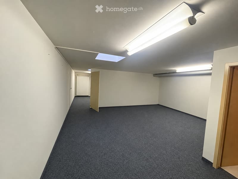 Empty hallway with white walls, grey carpeted floor, and fluorescent lighting. A partially open wooden door leads to another room.