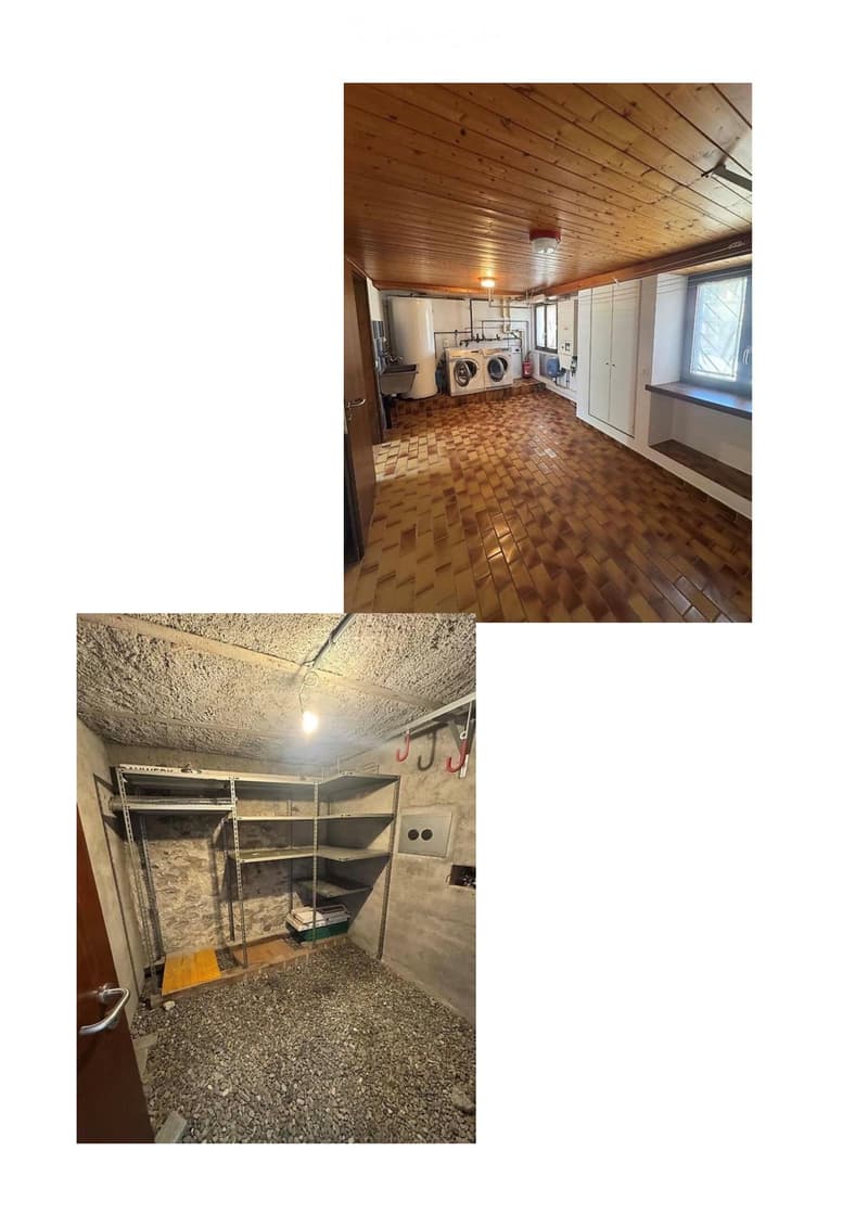 Three separate rooms: one with wooden flooring and cabinets, another with a concrete ceiling and metal shelving, and a third with a gravel floor and metal shelving. All rooms are unfurnished.