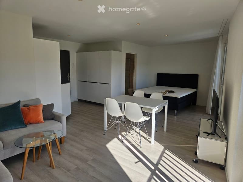 Modern, open-concept living and dining area with a grey sofa, glass coffee table, white dining table with chairs, and a bed in the background.