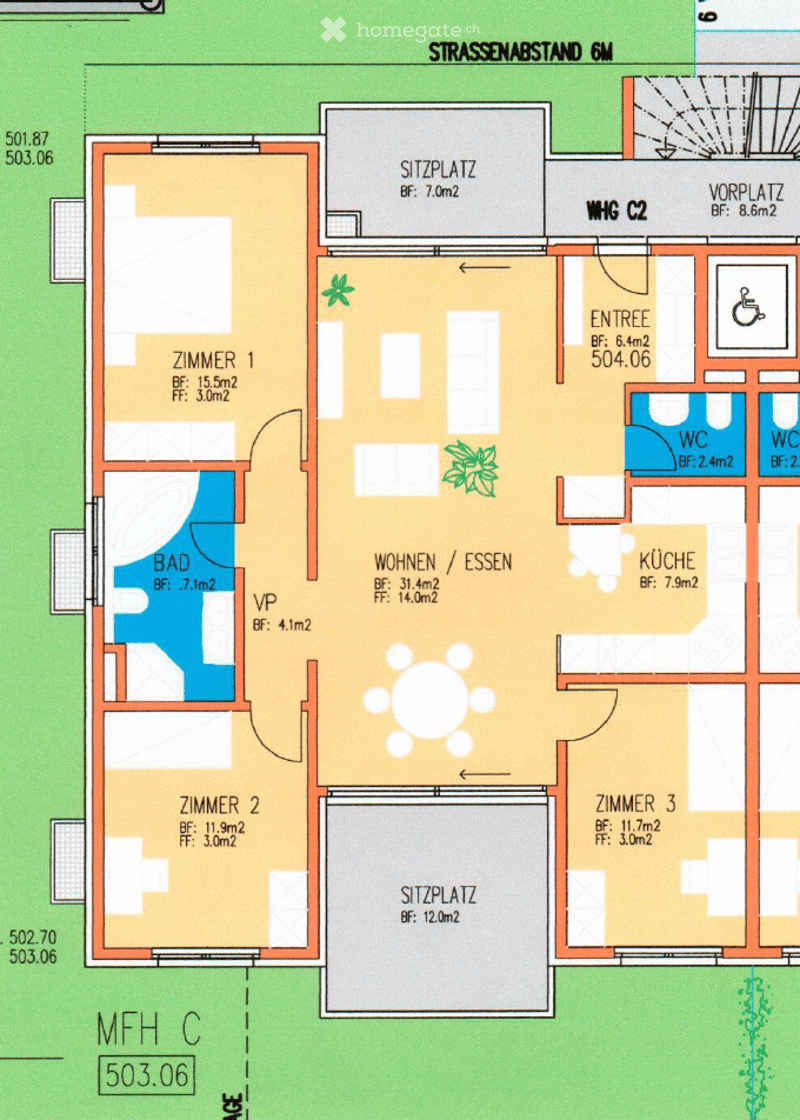 Floor plan of a multi-room apartment with labeled rooms including living/dining area, three bedrooms, kitchen, bathroom, entrance, and two seating areas.