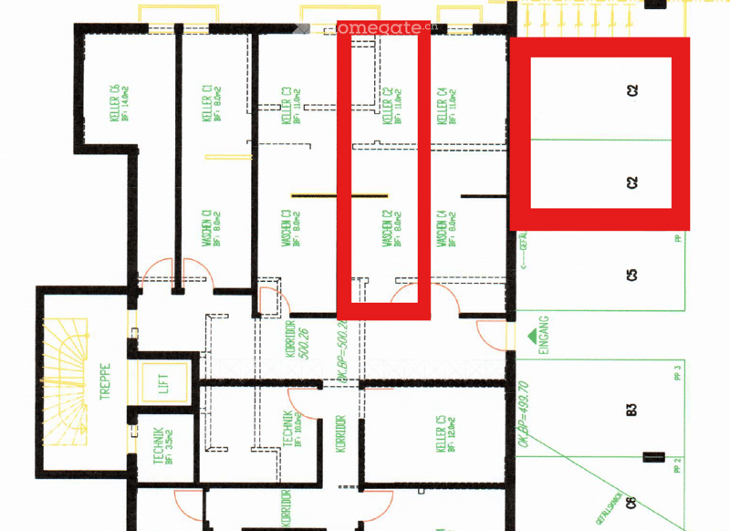 Floor plan showing multiple rooms including living spaces, bedrooms, bathrooms, and technical areas. Features include labeled rooms, dimensions, and structural elements.