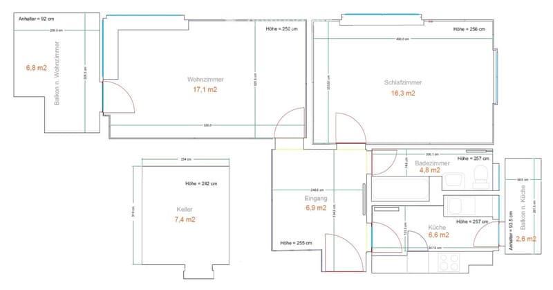 Floor plan showing a living room, bedroom, bathroom, kitchen, entrance, and basement, with a balcony.