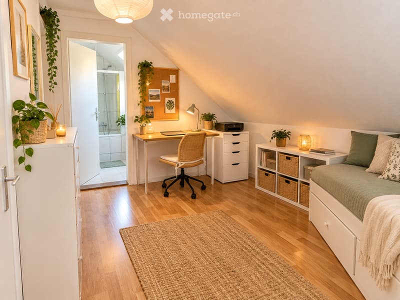 Cozy attic bedroom with a daybed, desk, and storage unit. Features wooden flooring, a hanging plant, and a view into a small bathroom.