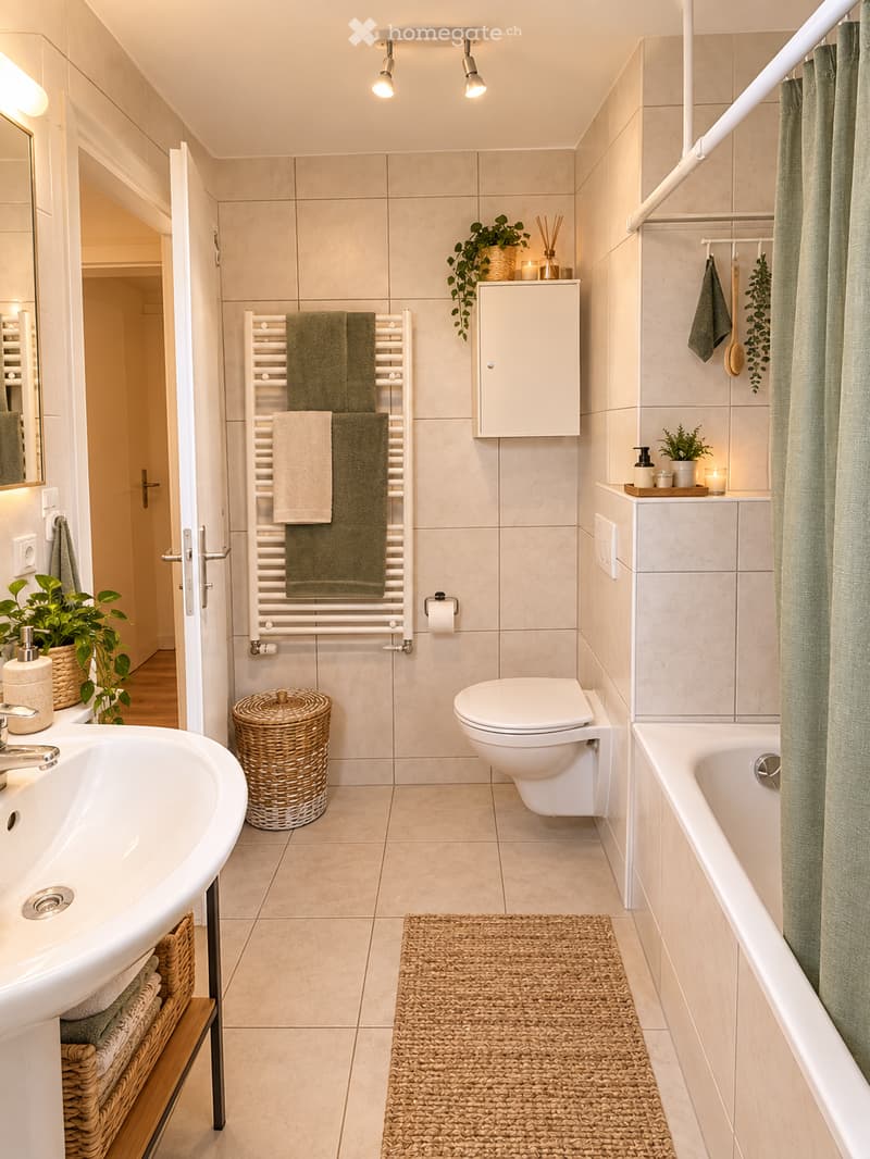 Modern bathroom with beige tiles, a white sink, toilet, bathtub, towel rack, and decorative plants.
