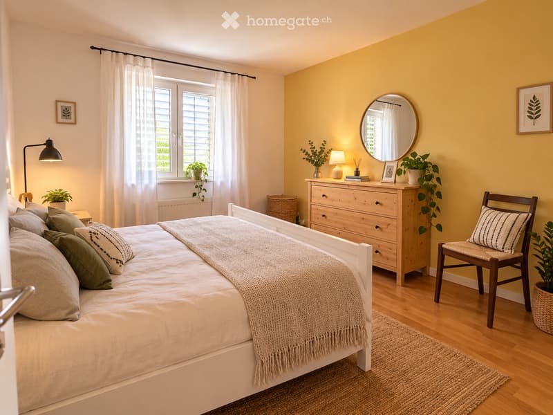 Cozy bedroom with a white bed, green pillows, a wooden nightstand, a round mirror, a chair, and plants. The room features light yellow walls, wooden flooring, and large windows with white curtains.