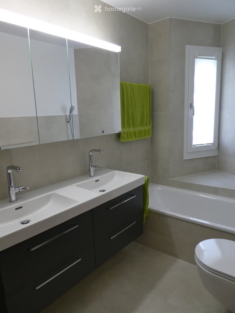 Modern bathroom with double sink, mirror, bathtub, toilet, and dark cabinetry.