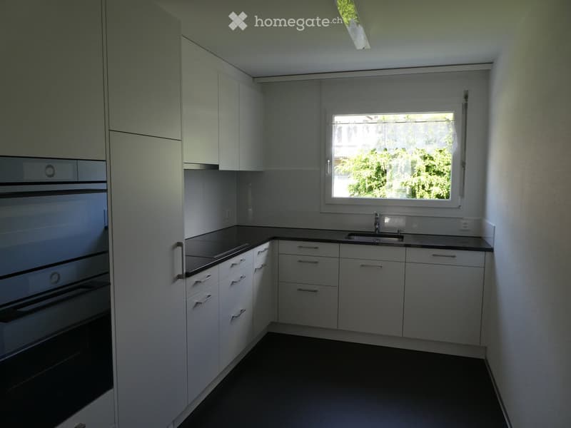 Modern, minimalist kitchen with white cabinets, stainless steel appliances, and a large window offering a view of greenery.