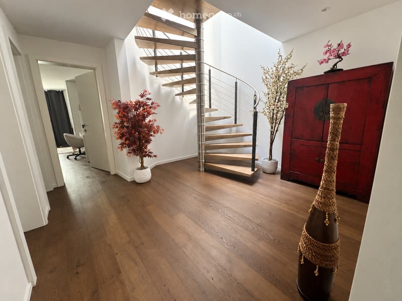 Spacious hallway with wooden flooring, modern spiral staircase, decorative vases, potted plants, and a red cabinet.