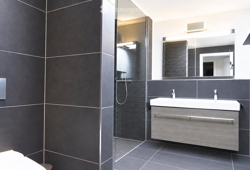 Modern bathroom with dark grey tiles, a large mirror, a double sink with a sleek cabinet, and a glass-enclosed shower area.