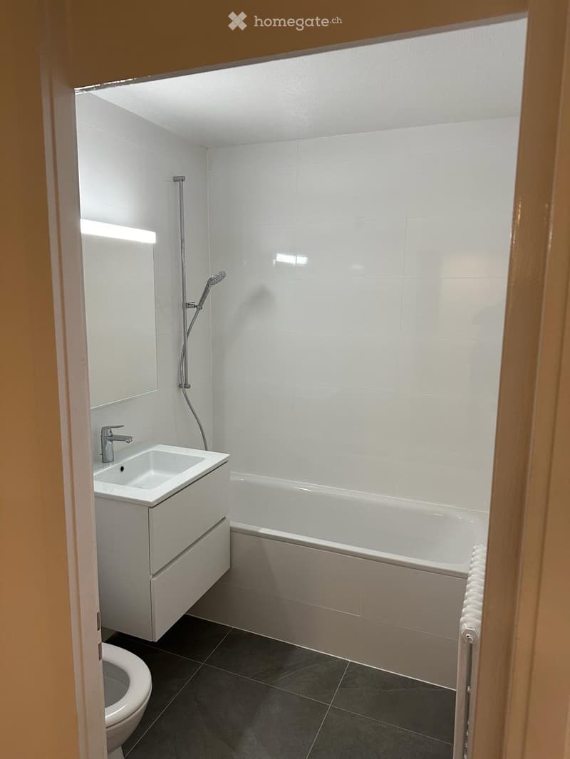 Modern bathroom with white tiles, a bathtub, a sink with a mirror, a toilet, and a showerhead.