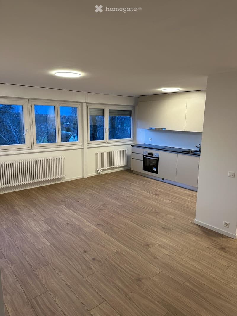 Empty kitchen with light wooden flooring, white cabinets, and built-in appliances including an oven and sink. Large windows provide natural light.