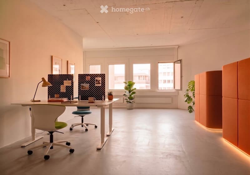 Modern office space with a white table, two chairs, a lamp, a potted plant, and a screen with photos.