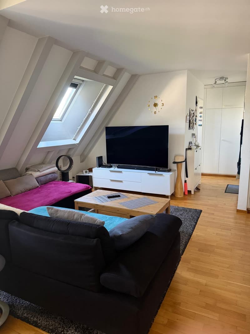 Modern living room with a black sofa, coffee table, television, wardrobe, bed, and a large window with skylights.