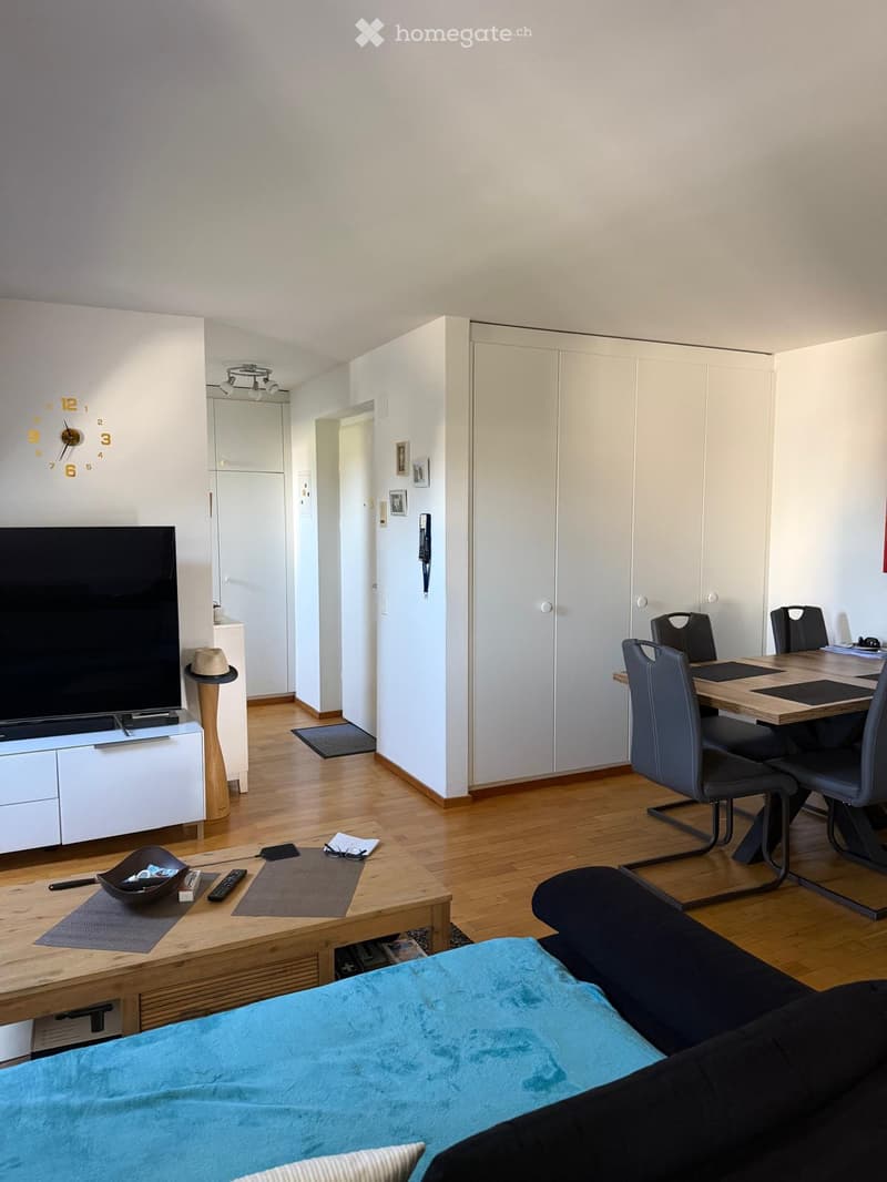 A modern, open-plan living and dining area with a sofa, coffee table, dining table, chairs, television, and a clock on the wall.