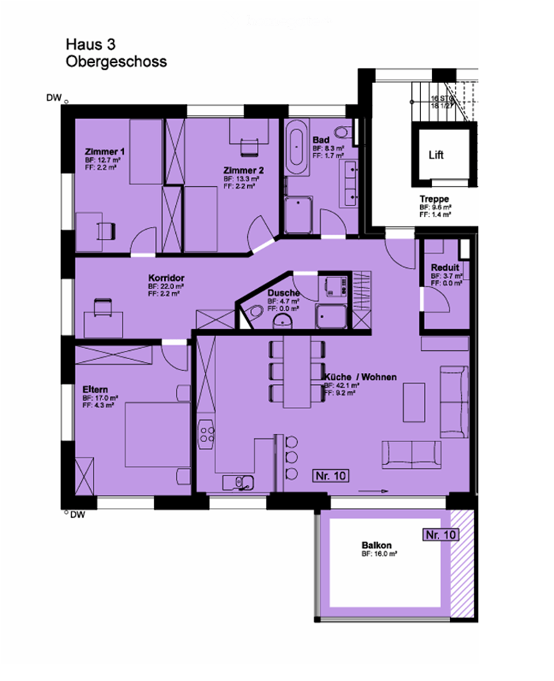 Floor plan of the upper floor of House 3, showing a kitchen/living area, two bedrooms, a bathroom, a hallway, a staircase, a storage room, and a balcony.