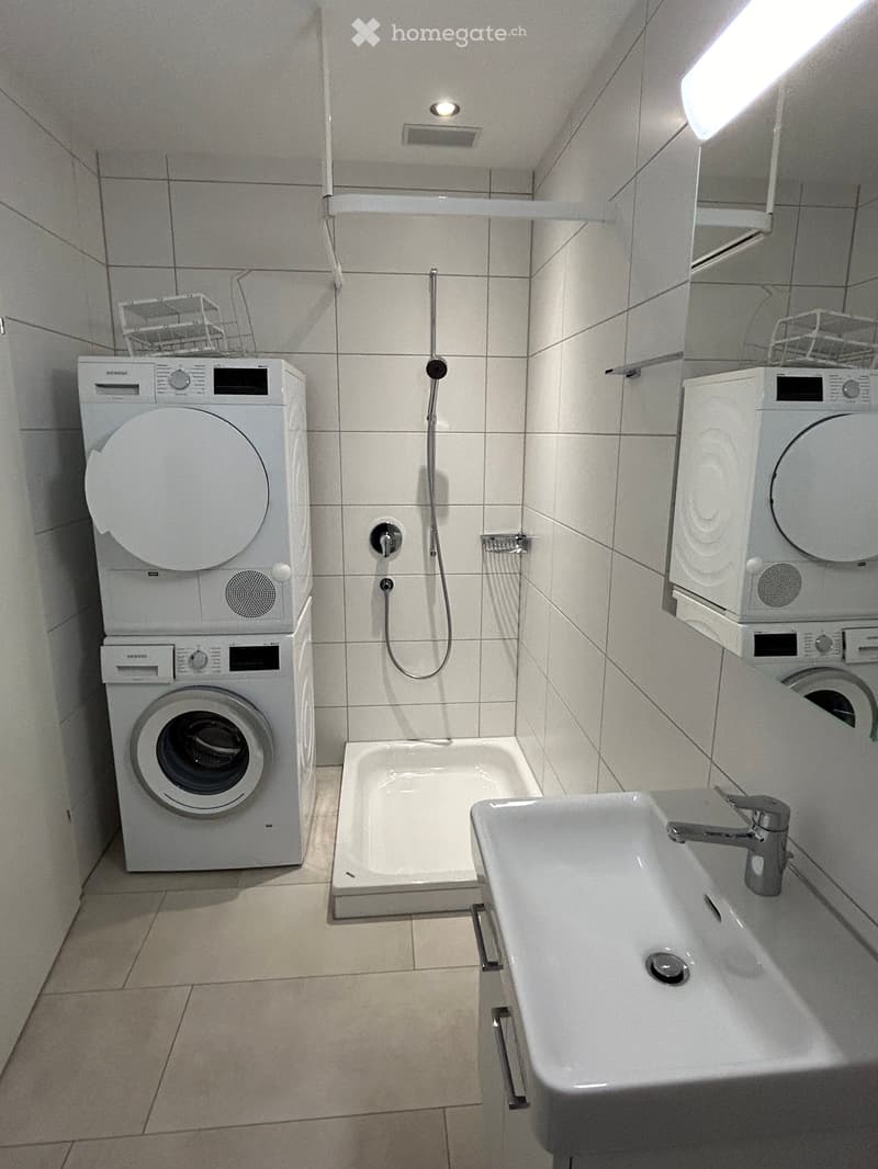 Modern bathroom with a sink, bathtub, washing machine, and dishwasher. The space is clean and well-lit with white tiles and a sleek design.