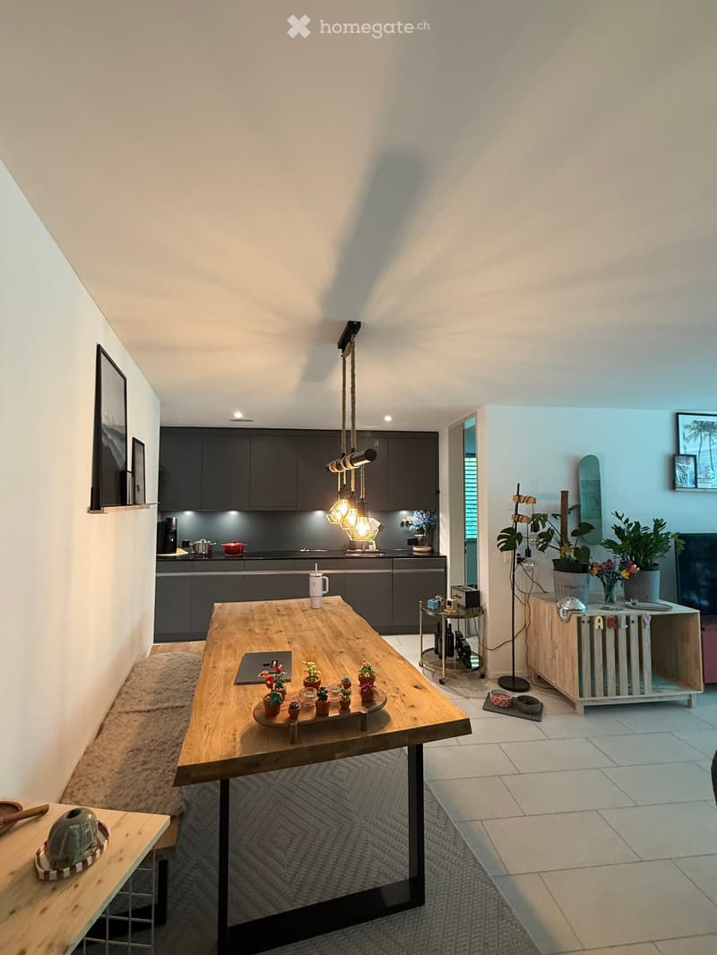 A modern, open-plan kitchen and dining area with dark grey cabinets, a wooden dining table, and various decorative items including potted plants, a skateboard, and a floor lamp.