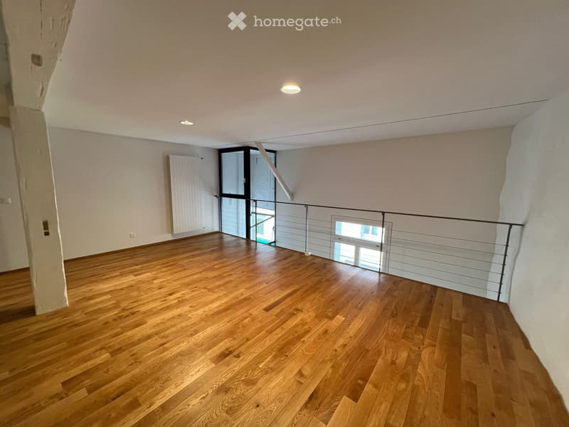 hardwood floor, white walls, glass door, railings, windows, white radiator