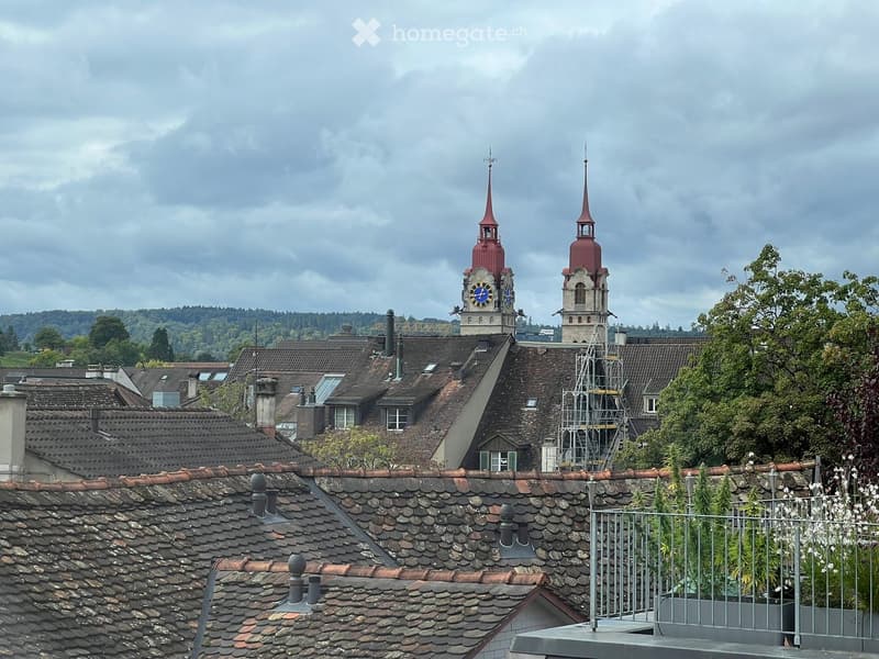 View of a cityscape with tiled rooftops and a tower with a clock visible