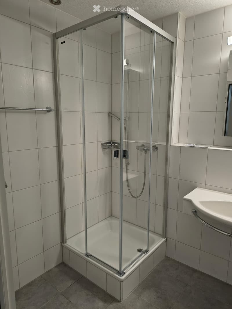 Modern bathroom with a glass-enclosed shower, a sink with a faucet, and tiled walls and floor.