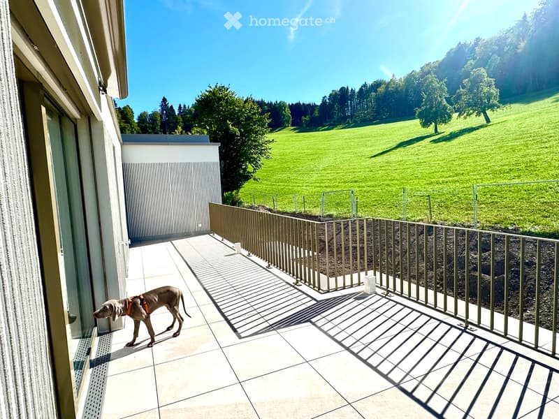 Balcony with tiled floor, metal railing, and a dog standing near the railing, overlooking a green field and trees.