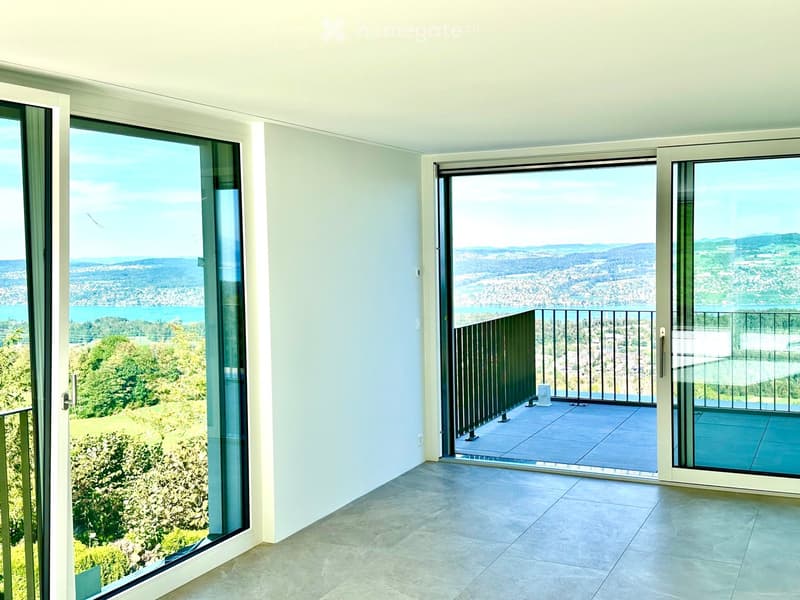 Bright, empty room with large glass sliding doors opening to a balcony, offering scenic views of a city and water.
