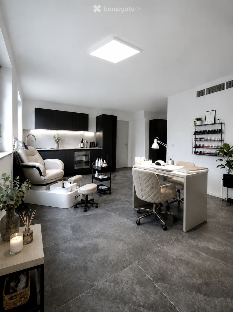 Modern, well-lit salon or spa room with a grey tiled floor, white walls, and black cabinets. Features include a large white massage chair, a white desk with a chair, a small sink area, a rolling cart with bottles, and decorative plants and candles.
