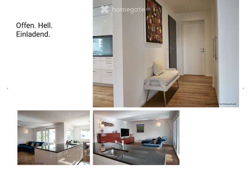 Modern, open-plan living and dining area with a sleek kitchen island, comfortable seating, and large windows offering a view. The space features contemporary furniture, including a sofa, armchairs, and a coffee table, complemented by a stylish floor lamp