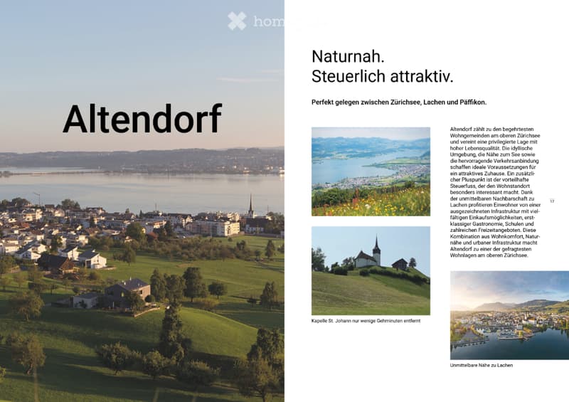A promotional page for Altendorf, Switzerland, featuring a panoramic view of the town with houses, green fields, and a lake in the background. The text highlights the town's location between Lake Zurich, Lachen, and Pfaffikon, emphasizing its natural beau