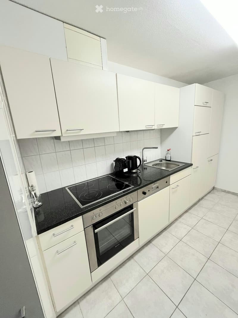 Modern kitchen with white cabinets, black countertops, stainless steel appliances including an oven, dishwasher, and sink.